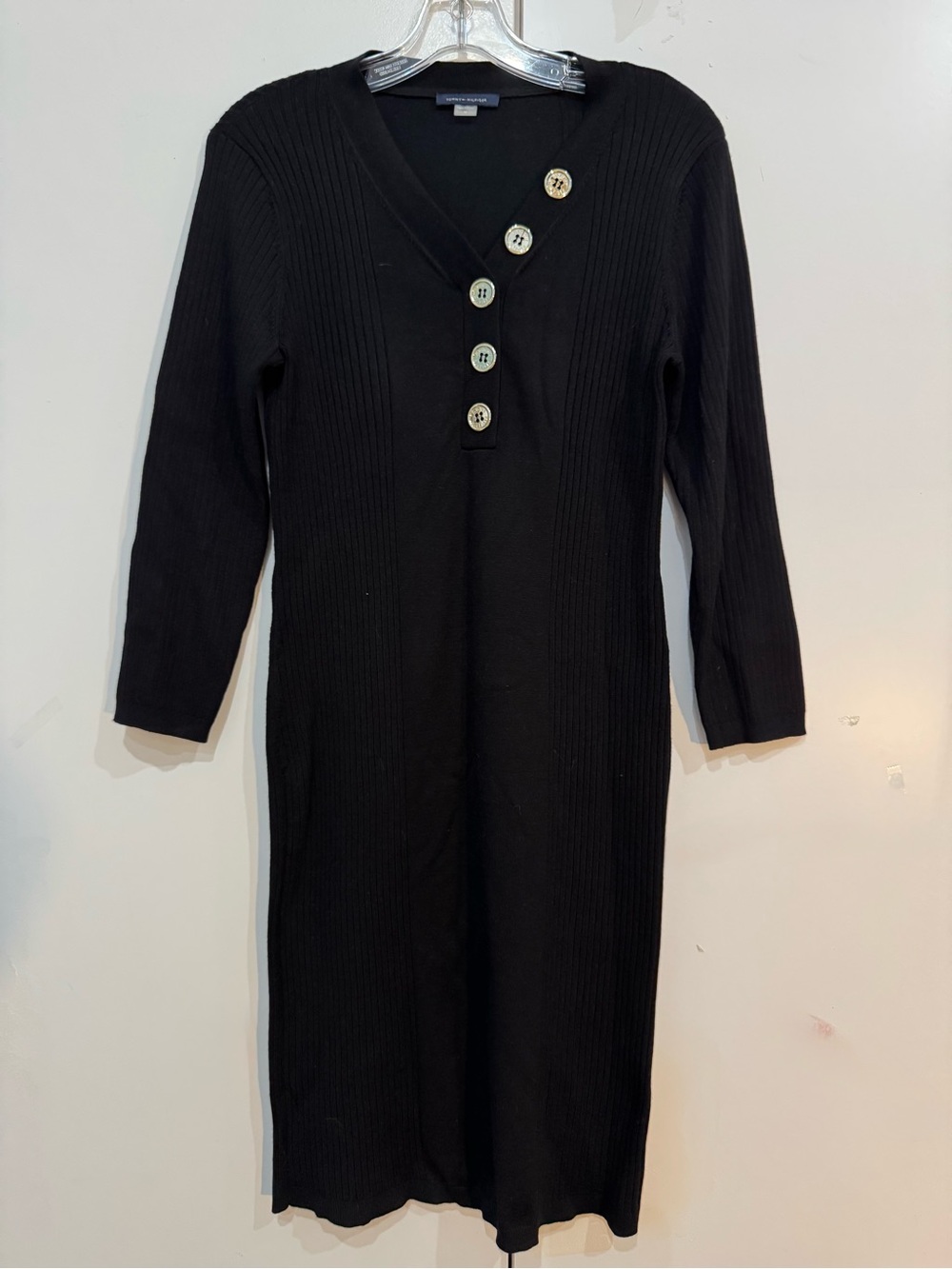 Tommy Hilfiger Black Stretch Ribbed V-Neck Button Midi Dress